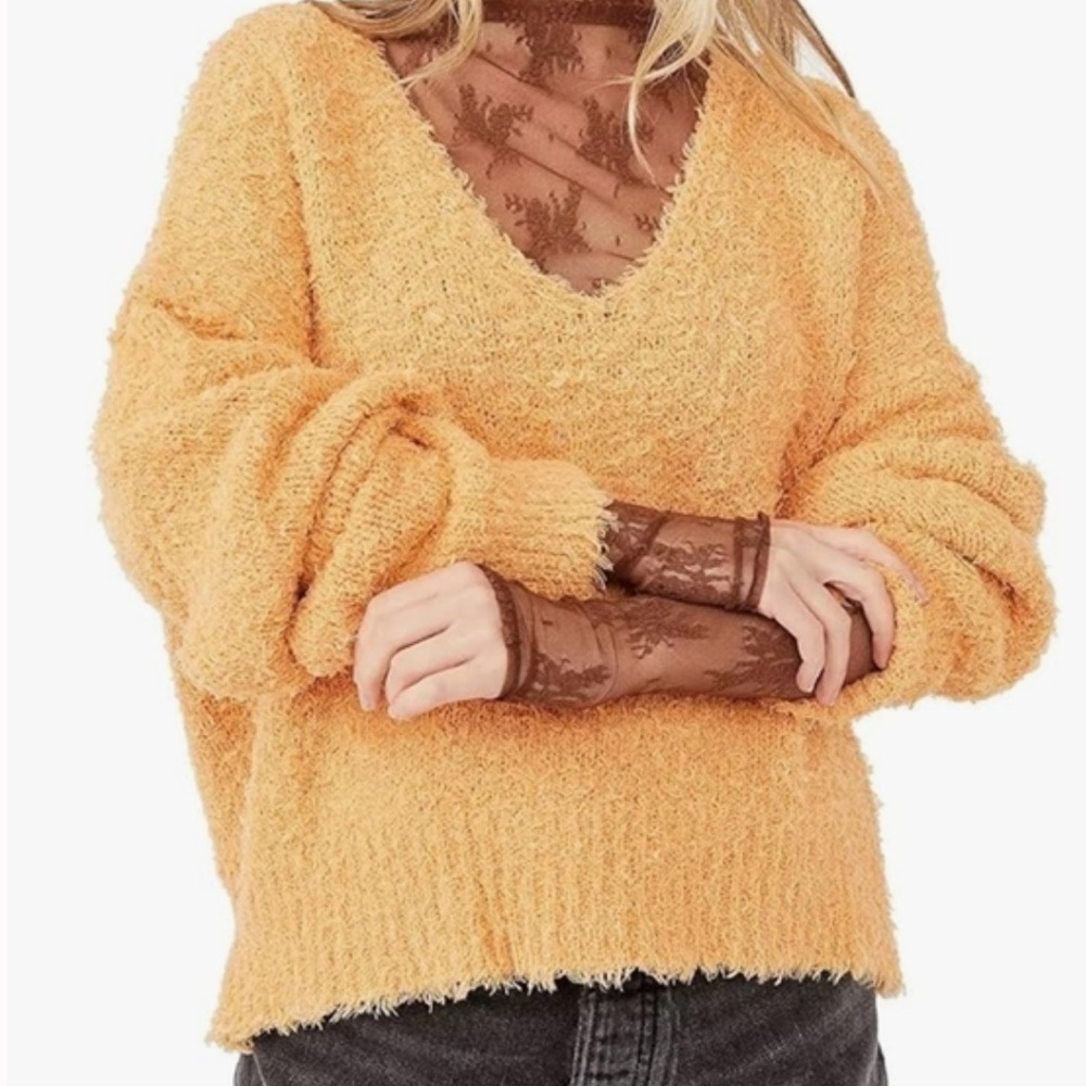 We The Free Theo Chunky Eyelash Knit Drop Shoulder V-neck Sweater Goldy Orange